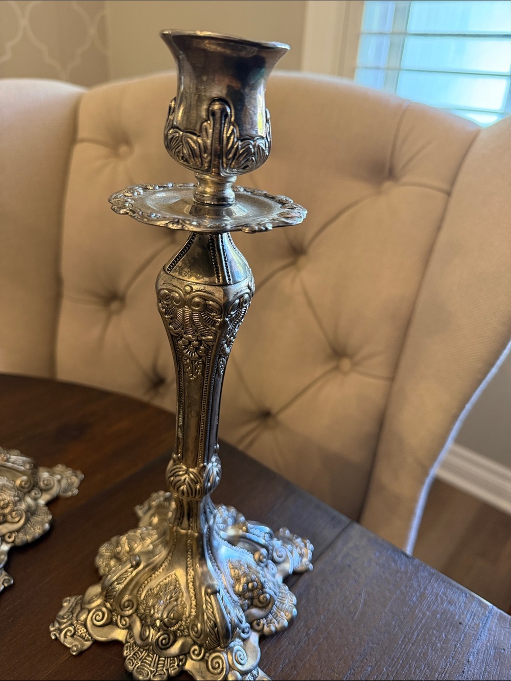 European style Godinger Ornate Silver-Tone Decorative Candle Holders - Pair - Picture 2 of 5